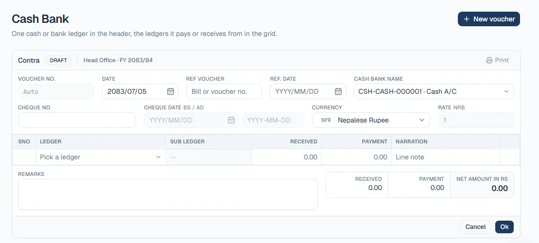 FullBagAccounting Cash Bank voucher entry: voucher date in Bikram Sambat, cash or bank ledger, cheque details, currency with the Nepal Rastra Bank rate, a grid of ledgers with received and payment amounts, and totals.
